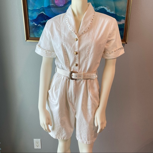 Vintage D. Frank 80s White Cotton Gold Rhinestone Studded Romper Matching Belt - Picture 1 of 8
